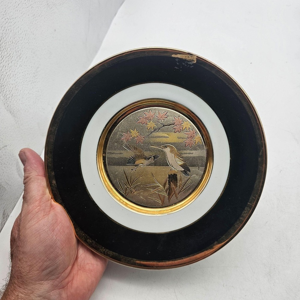 Vintage The Art Of Chokin Bird Leaves Plate Black Rim 24K Gold Edged Japan